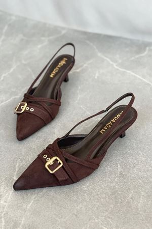 Kadın Paris İnce Kısa Topuklu Ayakkabı - Kahve-Süet