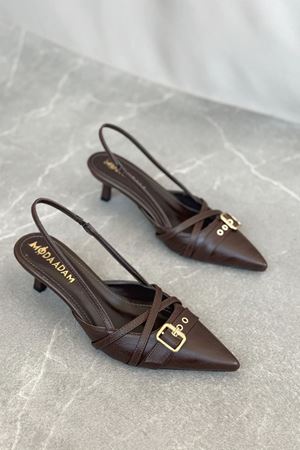 Kadın Paris İnce Kısa Topuklu Ayakkabı - Kahve-Deri