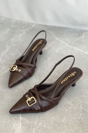 Kadın Paris İnce Kısa Topuklu Ayakkabı - Kahve-Deri