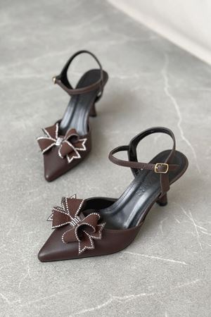 Kadın Godes Papyonlu İnce Topuklu Ayakkabı - Kahve-Deri