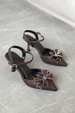 Kadın Godes Papyonlu İnce Topuklu Ayakkabı - Kahve-Deri