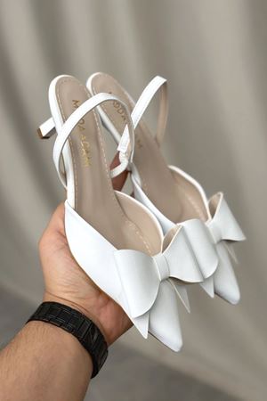 Kadın Cupe İnce Kısa Topuklu Ayakkabı - Beyaz-Rugan