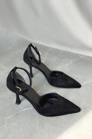 Kadın Rustik İnce Topuklu Ayakkabı - Siyah Süet