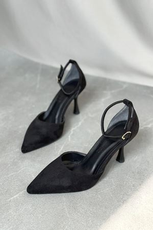 Kadın Rustik İnce Topuklu Ayakkabı - Siyah Süet