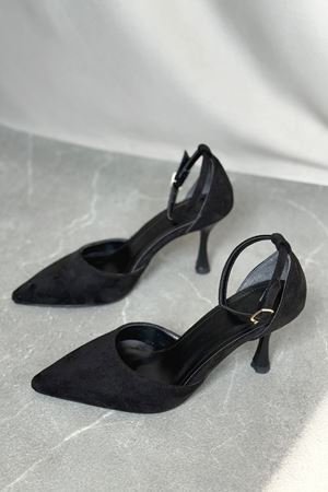 Kadın Rustik İnce Topuklu Ayakkabı - Siyah Süet