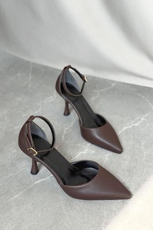 Kadın Rustik İnce Topuklu Ayakkabı - Kahve-Deri