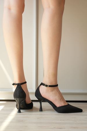 Kadın Rustik İnce Topuklu Ayakkabı - Siyah Süet