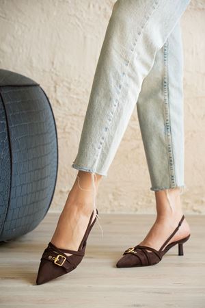 Kadın Paris İnce Kısa Topuklu Ayakkabı - Kahve-Süet