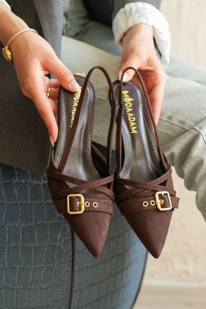 Kadın Paris İnce Kısa Topuklu Ayakkabı - Kahve-Süet