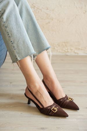 Kadın Paris İnce Kısa Topuklu Ayakkabı - Kahve-Süet