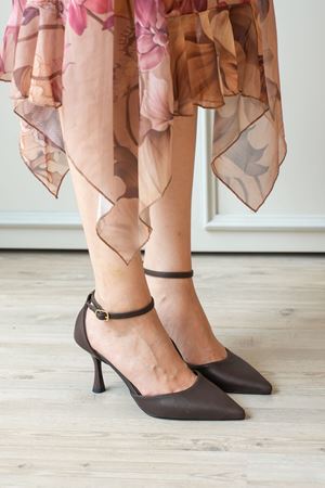 Kadın Rustik İnce Topuklu Ayakkabı - Kahve-Deri