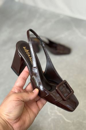 Kadın Jine  Köşe Burun Kare Toka Topuklu Ayakkabı - Kahve-Rugan