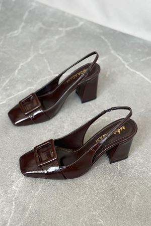 Kadın Jine  Köşe Burun Kare Toka Topuklu Ayakkabı - Kahve-Rugan