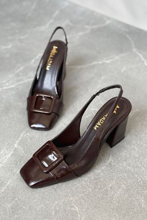 Kadın Jine  Köşe Burun Kare Toka Topuklu Ayakkabı - Kahve-Rugan