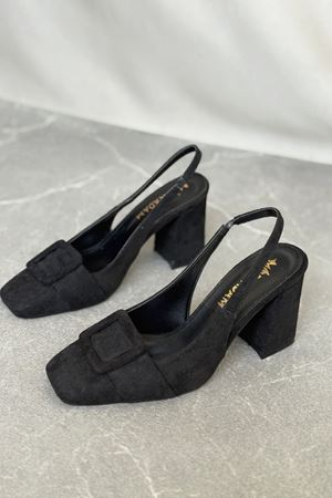 Kadın Jine  Köşe Burun Kare Toka Topuklu Ayakkabı - Siyah Süet