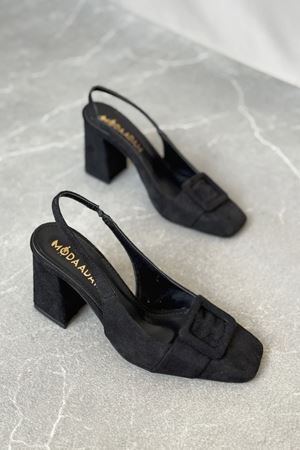 Kadın Jine  Köşe Burun Kare Toka Topuklu Ayakkabı - Siyah Süet