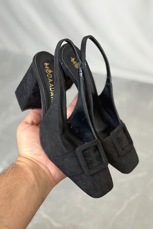 Kadın Jine  Köşe Burun Kare Toka Topuklu Ayakkabı - Siyah Süet