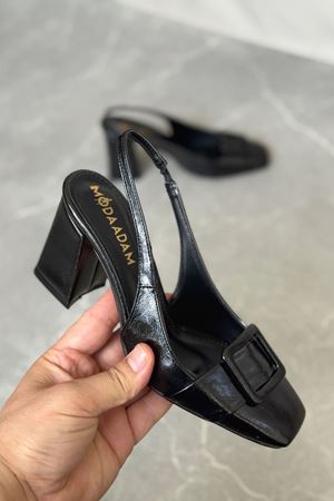 Kadın Jine  Köşe Burun Kare Toka Topuklu Ayakkabı - siyah-rugan