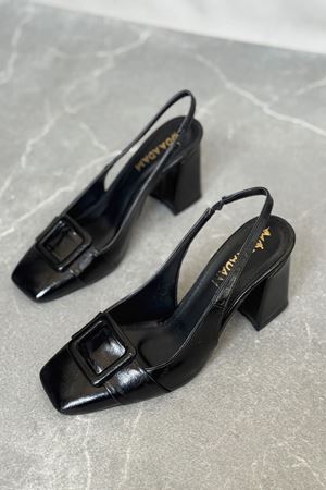 Kadın Jine  Köşe Burun Kare Toka Topuklu Ayakkabı - siyah-rugan