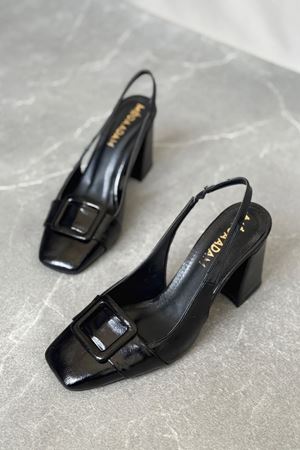 Kadın Jine  Köşe Burun Kare Toka Topuklu Ayakkabı - siyah-rugan