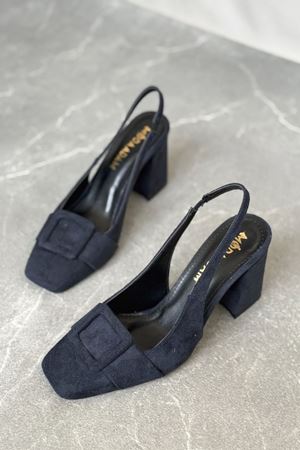 Kadın Jine  Köşe Burun Kare Toka Topuklu Ayakkabı - Lacivert-Süet