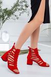 Kadın Ragon Süet Kısa Topuklu Ayakkabı kırmızı