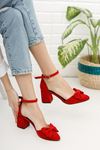 Kadın Verto Papyon Detay  Kırmızı Süet Topuklu Ayakkabı