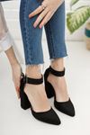 Kadın papun Çift Toka Detay Kalın Topuklu Siyah Süet Ayakkabı