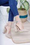Kadın Papun Çift Toka Detay Kalın Topuklu Ten Süet Ayakkabı 
