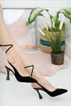 Kadın Delas Yüksek Topuklu Bağcık Detaylı Sivri Burun Siyah Süet Ayakkabı