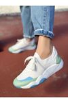 Kadın Karen Beyaz Karışık Malzeme Bağcık Detaylı Kalın Taban Spor Ayakkabı Su Yeşili