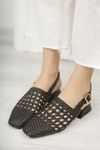 Kadın Terry Örgü Detay Mat Deri Siyah Kısa Topuklu Ayakkabı