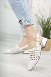 Kadın Terry Örgü Detay Mat Deri Beyaz Kısa Topuklu Ayakkabı