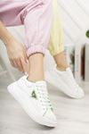 Kadın Lestas Kalın Taban Beyaz Yeşil Spor Ayakkabı Bağcıklı Mat Deri