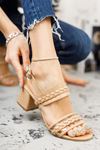Kadın Yanna Örgü Detay Mat Deri Ten Kısa Topuklu Ayakkabı