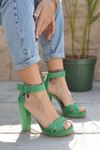 Kadın Loked Yüksek Topuklu Yeşil Süet Tek Bant Ayakkabı Çapraz Bantlı