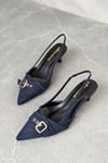 Kadın Paris İnce Kısa Topuklu Ayakkabı - Lacivert-Süet